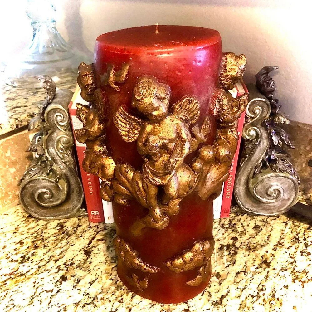 MAC Sculpture California XLG Sculpted Cherub Angel Pillar Candle Burg Gold 15x9